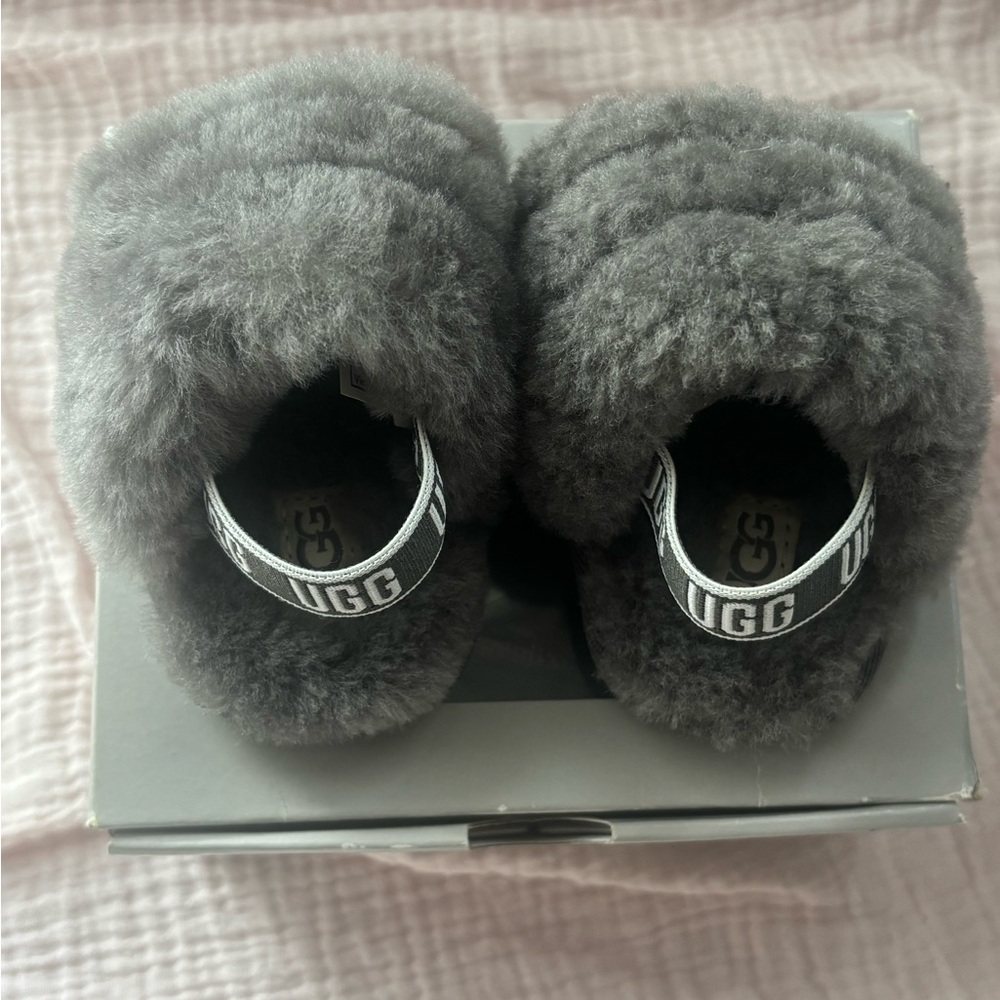 UGG Charcoal Fluffy Slippers 2/3c